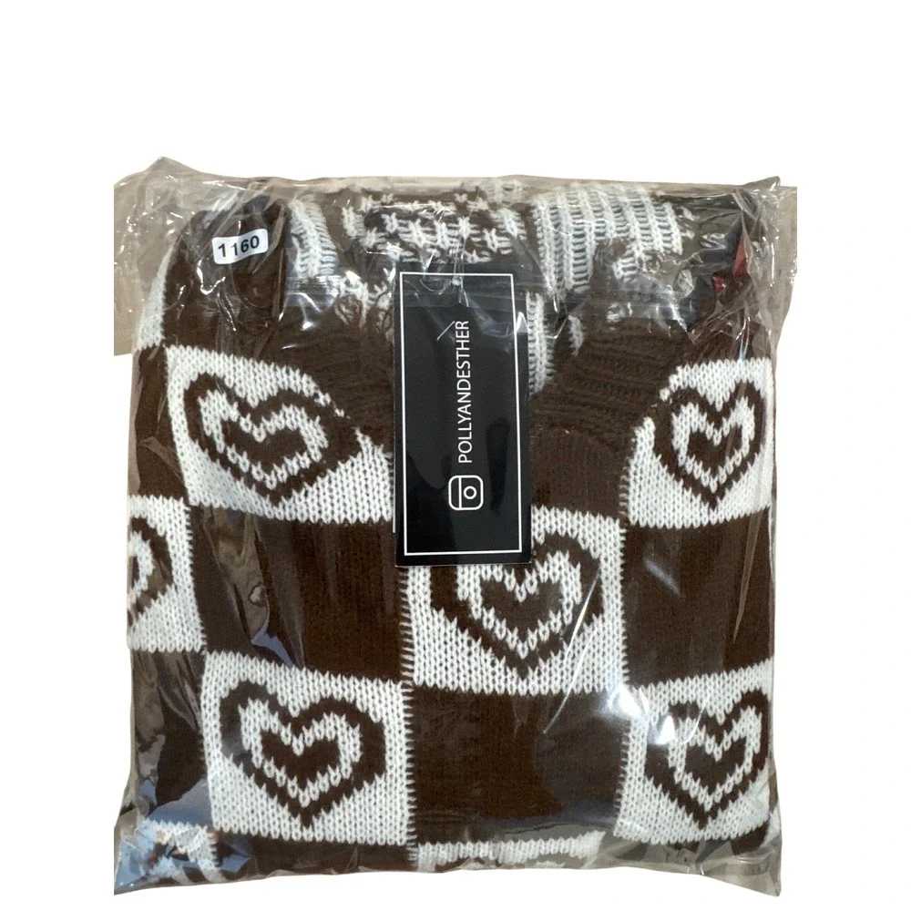 NEW Just Polly Heart Checkered Distressed Sweater Brown Cozy Y2K Grunge Boho 3X